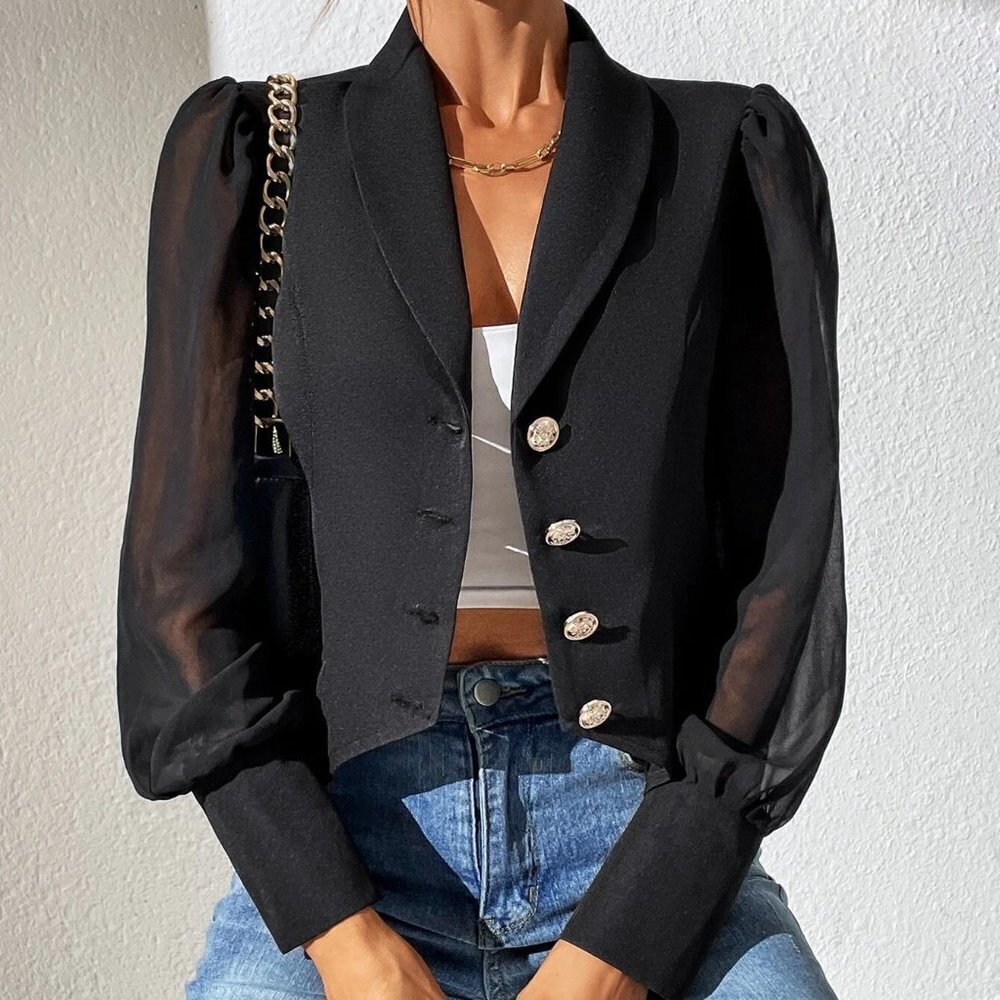 Black Boho Womens Contrast Mesh Bishop Sleeve Shawl Collar Blazer - Picture 5 of 6